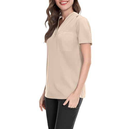 Image of FONMA Scrub Tops Women Plus Size Stretchy V-Neck Scrub Shirts with 4 Pockets Breathable Short Sleeve Nurse Uniforms