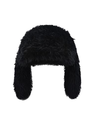 Women Winter Fuzzy Bucket Hat Cute Bunny Hat Beanie with Faux Bunny Ears Rabbit Ears Hat for Christmas Halloween Black