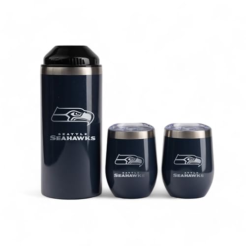 The Memory Company Officially Licensed Wine Bottle Chiller with 2 Ceramic Lined 12oz. SS Stemless Wine Tumblers, Seattle Seahawks