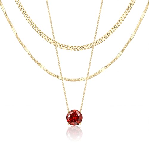WomenGifts January Created Garnet (Dark Red) Layered Necklace Set 14K Gold Plated Birthstone Pendant with Choker Cuban Link & Satellite Chain Personalized Jewelry Gift