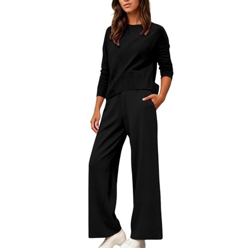 Ensemble en tricot pour femme avec pull décontracté et pantalon large fluide en maille unie