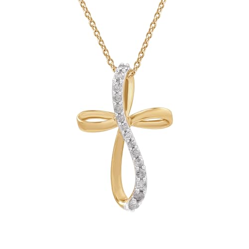 GILDED 10K Yellow Gold Necklace for Women with Natural Round-Cut Diamond and Twist Cross Pendant-Necklace, 14K Yellow Gold Plated over 925 Sterling Silver, 18