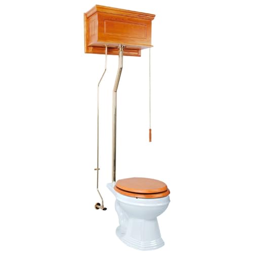 Renovators Supply Manufacturing High Tank Pull Chain Toilet With Light Oak Wooden Raised High Tank 70 In. To 74 In. Adjustable Height Brass L Pipe And Round Toilet Bowl