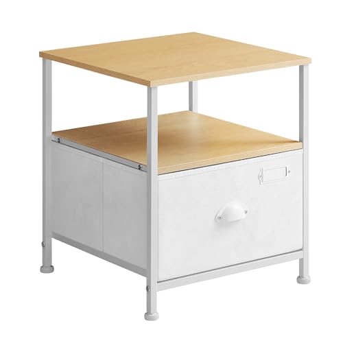 SONGMICS Mesita de Noche, Mesa Auxiliar, Cajonera de Tela, con 2 Estantes, Estilo Moderno, para Sala de Estar, Dormitorio, Beige Roble y Blanco Nube LVT002W57