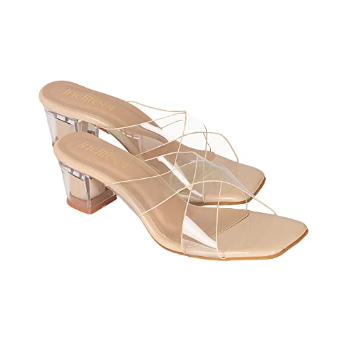 Image of Indifeet - stylish latest transparent heels design for women, high block heel sandals party footwear woman glass clear fancy wear trendy sandal with strap girls womens ladies offi