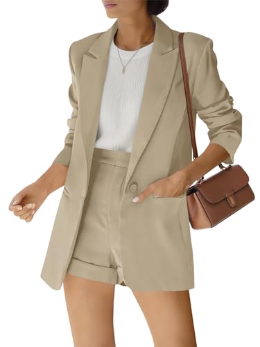 Fisoew Women's 2 Piece Open Front Long Sleeve Blazer and Solid Short Pants Suit Sets Beige