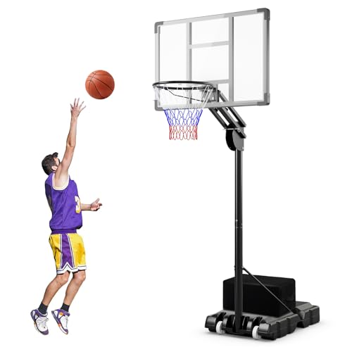 COSTWAY Canasta de Boloncesto, Altura Ajustable de 10 Niveles, 1,49-3,05 M, Canasta de Boloncesto Adultos Adolescantes Exterior Interior, 2 Ruedas, Base Rellenable y Bolsa de Pesas