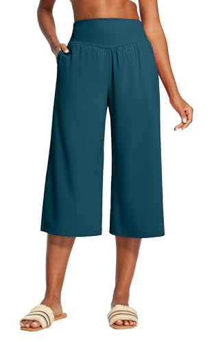 Heathyoga Capri Pants for Women Wide Leg Casual Pants for Women High Waist Lightweight Capris for Summer with Pockets Lounge Blue