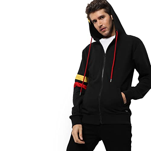 Image of CAHOOT Men's Dark Blue Zip-Front Hoodie with Contrast Drawstring for Casual Wear | Long Sleeve | Hooded Neck | Zipper Closure | Cotton Sweatshirt Crafted with Comfort Fit for Everyday Wear