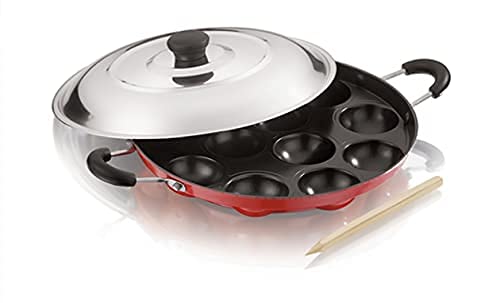 Silvester 12 Cavity Non-Stick Aluminium Appam Patra 22 cm Paniyaram Pan with Stainless Steel Lid & Dual Handles | Even Heating, Durable, Easy to Clean Cookware for Appam, Appe, Paddu & Snacks (Red)