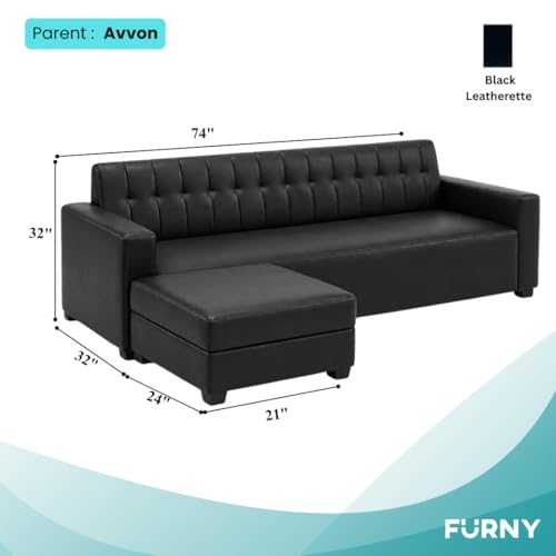 Image of FURNY Luxe 4 Seater L Shape Sofa Set with Movable Ottoman | Flexible Left or Right Layout | Premium Leatherette Upholstery (Black) | Perfect for Living Room, Guest Room & Office