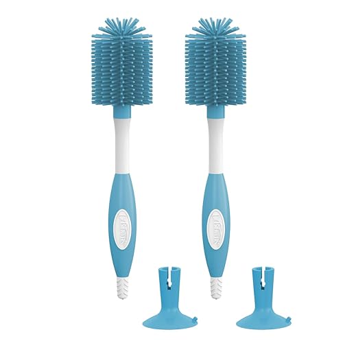 Image of Dr. Brown's Soft Touch No Scratch Baby Bottle Cleaning Brush, Nipple Cleaner and Suction Cup Base for Easy Storage, BPA-Free, Blue, 2-Pack