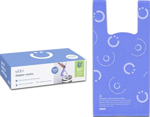 Image of Ubbi Disposable Baby Diaper Sacks, Lavender Scented, 200 Count | Easy-To-Tie Tabs, Made from 50% Recycled Material, Disposable On-The-Go Bags, Diaper Bag and Travel Essential