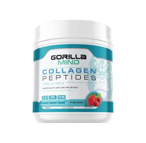 Gorilla Mind Collagen Peptides Powder - Joint & Bone Health/Great for Hair, Skin & Nails/Sleep Support/Types I, II, III/Mix in Water, Juice or a Smoothie - 426g (Mixed Berry)