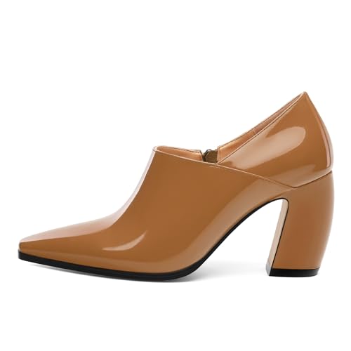 Women's Pumps, Patent Leather Square Toe Side Zipper Chunky Block High Heels Shoes, Elegant Comfort Casual Slip On Wedding Dress Shoes 3.35 Inch2