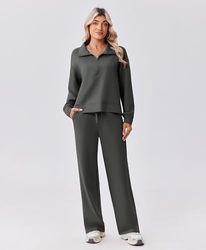 Image of PINSPARK 2 Piece Sets for Women 1 /2 Zip Sweatsuit Loose Fit Sweatshirt Straight Leg Pants 2026 Matching Outfit Fall Tracksuit