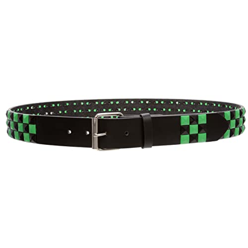 Snap On Punk Rock Black & Green Star Studded Checker Board Leather Belt2