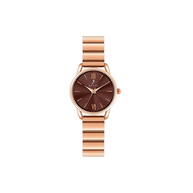 Image of Sylvi Analog Watch for Women, Dazzle Mocha Rose Link Rose Gold Stainless Steel Bracelet Watch with Glossy Coffee Round Dial, Mineral Glass, Quartz Movement & 30m (3 ATM) Water Resistant
