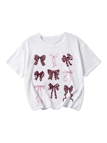 Image of RoseSeek Girl's Bow Graphic Tees Crew Neck Short Sleeve Summer T Shirts Preppy Cute Clothes for Girls