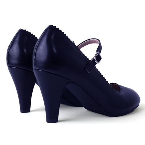 Mary Jane Kitten Heels, Vintage Retro Scallop Round Toe Shoe With An Adjustable Strap, 9 B(M) US, Black PU4