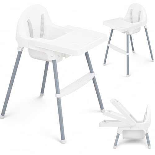 ALMAR Baby Trona para Bebé con Bandeja Extraíble y Arnés de Seguridad – Tona alta de Comer Infantil Estable, Fácil de Limpiar y Montaje Rápido – Color Blanco y Gris