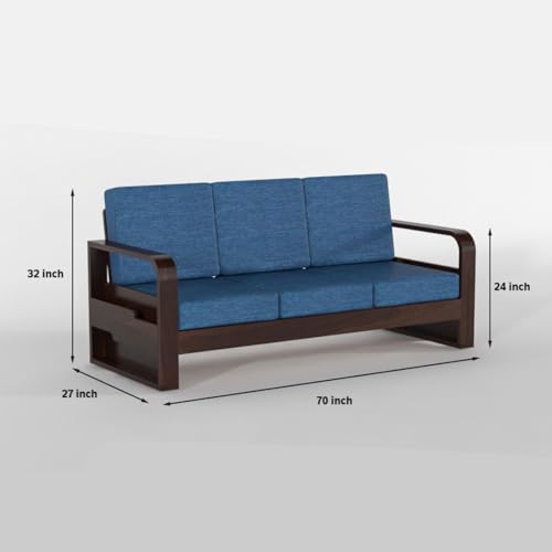 Image of Solid Sheesham Wooden 3 Seater Sofa for Living Room | Sofa with Side Pocket Storage & Cushion | Rosewood Sofa Set for Home (Walnut with Blue Cushion, 3 Seater)