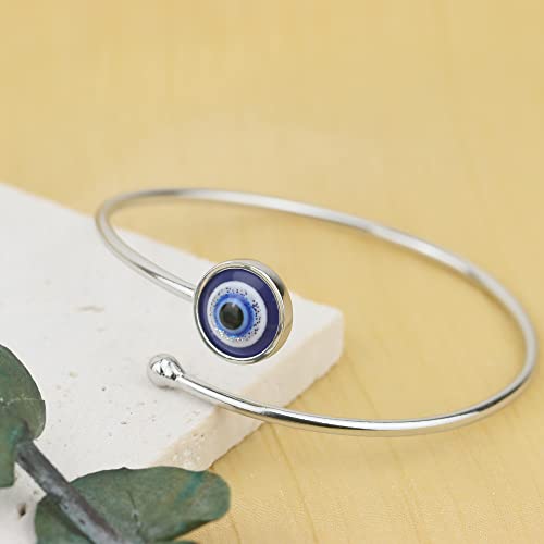 SmileBelle Silver Evil Eye Bangle Bracelets for Women, Mexican Adjustable Stainless Steel Cuff Bracelets for Women, mal de ojo Protection Bracelets as Mexican Gifts, Evil Eye Jewelry3