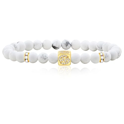 Image of Inlaid Zircon 12 Constellation Adjustable Stretch Bracelet - 6mm Frosted White Turquoise Beaded Bracelets for Women Men SJYA4647