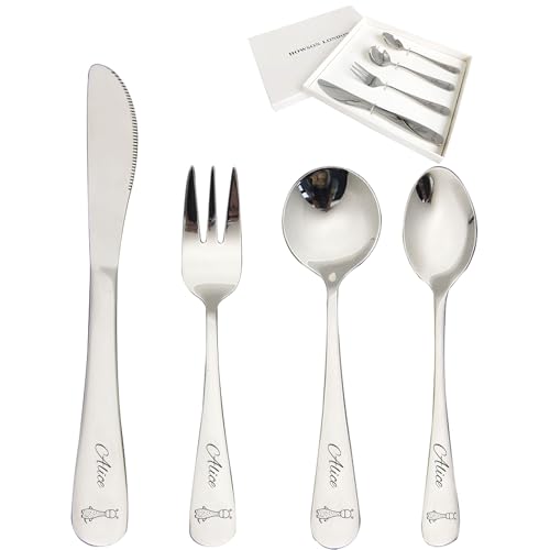 Personalised Cutlery Set for Children Christening Gift for Boy Girls Knife Fork Spoon 4pcs Stainless Steel for Kids Toddler Cutlery Set Gifts in Gift Box Engraved Monkey Lion Giraffe Image 07