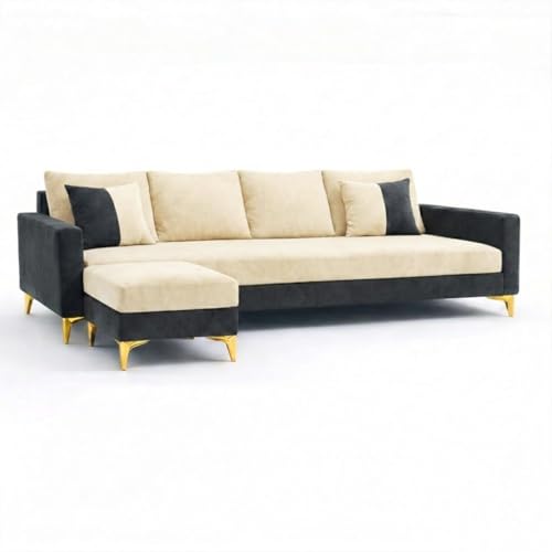 Image of Classiq Rich 5 Seater L Shape Sofa Set with Movable Ottoman | Flexible Layout | Spacious Soft Touch Seating | Designer Sofa for Living Room (Dark Grey-Cream)