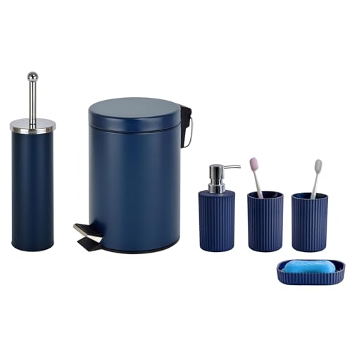 iTrend 6-Piece Matt Blue Bathroom Accessories Set – 3L Pedal Waste Bin, Toilet Brush, Soap Dispenser, Soap Dish & 2 Tumblers