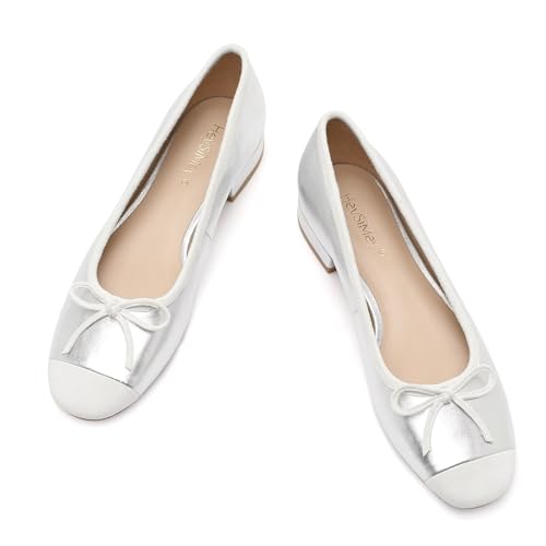 Women's Comfortable Leather Ballet Flats with Bow Slip-On Driving Mocs Walking Shoes Cute Casual Dress Work Shoes
