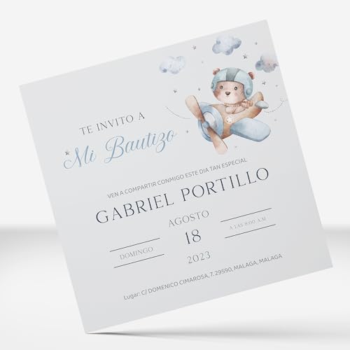 PRINT STAMP LOVE Invitaciones Personalizadas y Recordatorios Bautizo Niño y Niña de 15x15cm | Personaliza Nombre, Fecha y Texto | Tarjeta para Invitados - Elige entre 4 Modelos (Modelo 1)