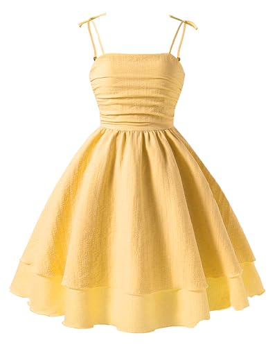 Adigau Robe d'été Filles Robe de Fête sans Manches Robes de Soirée à Volants A-Line Double Couche Jaune 8 Ans