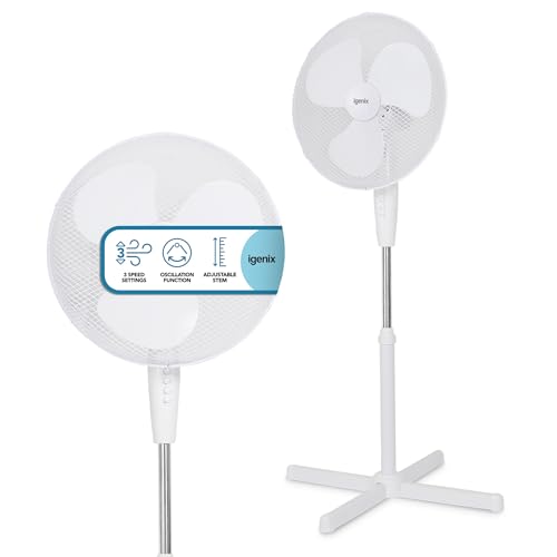 Igenix 16 Oscillating Pedestal Stand Fan with Quiet Operation 3-Speed Settings Adjustable Height Energy Efficient 40W Cooling Ideal for Home & Office DF1655 White