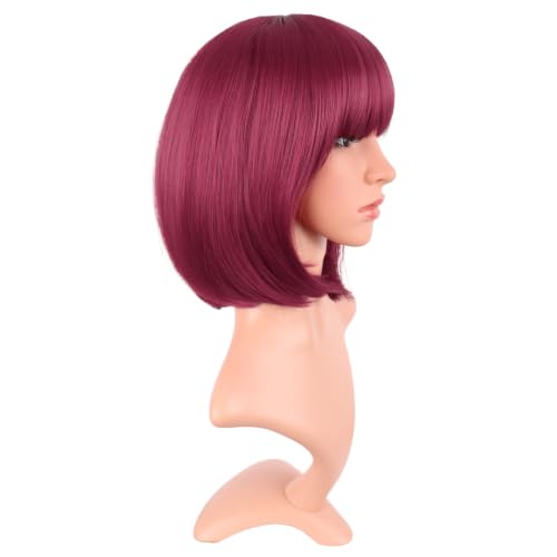 Image of MapofBeauty 12 Inch /30 cm Fashion Lady Short Straight Synthetic Flat Bangs Bob Wig (Blood Red)