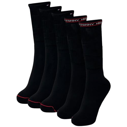 Tommy Hilfiger Men's Cushion Crew Socks with Banded Logo - 5 Pack (One Size, Black)