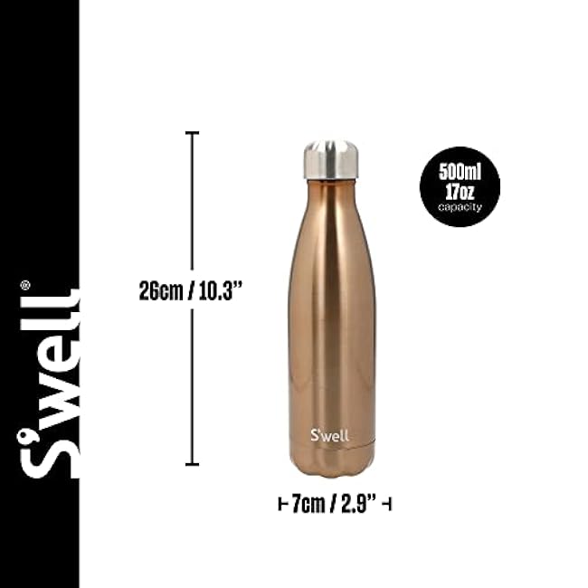 S'well Original Water Bottle, Pyrite, 500ml. Vacuum-Insulated Drinks Bottle Keeps Drinks Cold and Hot - BPA-Free Stainless Steel Hydration Bottle for On The Go