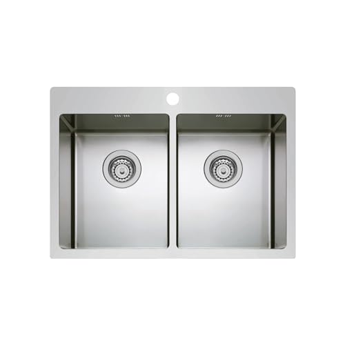 EVHOC Lavello Sopratop DEUS XL, 2 Vasche per Cucina, Lavandino in Acciaio Inox Doppia Vasca con Finitura Satinata, Fascia Forata per Miscelatore, Made in Italy, 75,5x51 cm