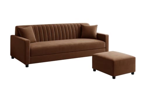 Image of Modern Three Seater Wooden Sofa Set with Ottoman, Soft Velvet Upholstery, Comfortable Couch for Living Room, Office & Apartment - Brown Color