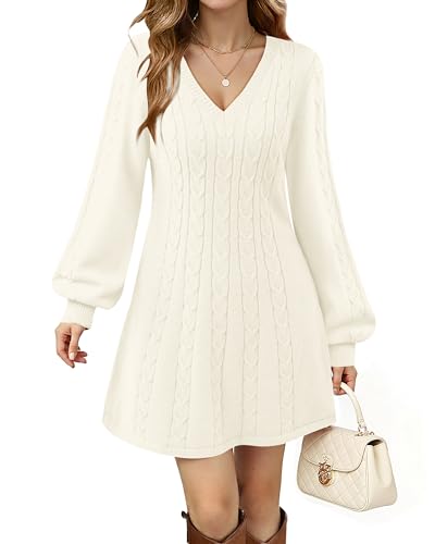 VAFOLY Business Casual Sweaters for Women：Fall Winter Long Sleeve Wedding Guest Dress Trendy Chunky V Neck Sweater Dress Women Cable Knit Party Sexy Midi A Line Dresses Elegant Classy White L