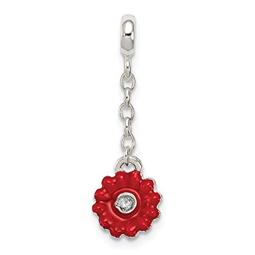 925 Sterling Silver Red Enameled Flower Cubic Zirconia Cz 1/2in Dangle Enhancer Necklace Pendant Charm Gardening Fine Jewelry For Women Gifts For Her