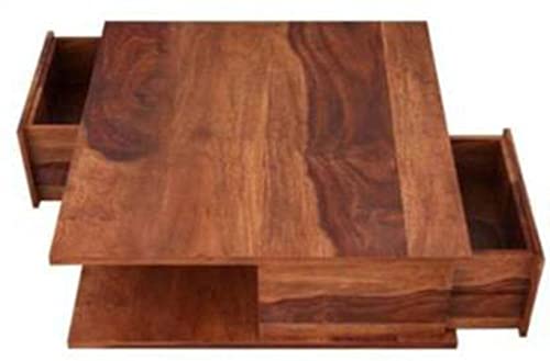 Image of Solid Sheesham Wood Coffee Table with 2 Storage Drawers | Pre-Assembled Wooden Centre Table for Living Room | Modern Sofa Tea Table | Handcrafted Teapoy in Honey Finish