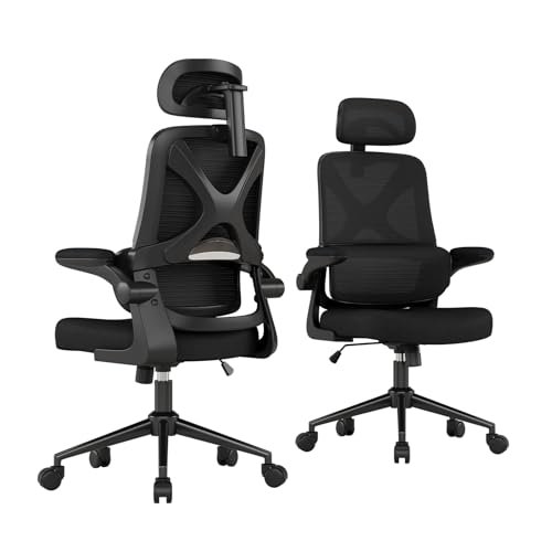 Ergonomic Office Chair - Desk Chair with Adjustable Headrest Lumbar Support Computer Chair - Mesh Comfy Chair with Flip-up Armrests - Gaming Chairs for Adults Home Office (Black+Black)