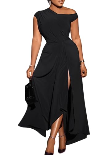 Ecirod Women Elegant Sleeveless One Shoulder Bodycon Maxi Dress High Split Ruched Waist Elegant Flowy Dresses Cocktail Party