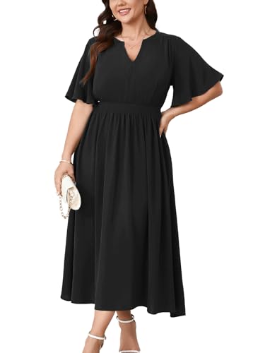 Women's Plus Size Dress for Women Wedding Guest Cocktail Smocked Ruffle Short Sleeve V Neck Flowy Maxi Dresses
