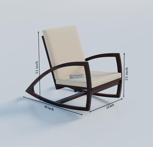 Image of Jangid Handicraft Solid Sheesham Wooden Rocking Chair for Living Room | Lounge Chair for Bedroom | Contemporary Swing Arm Chair for Balcony | Modern Arm /Sofa Chair | White Cushion & Walnut Finish