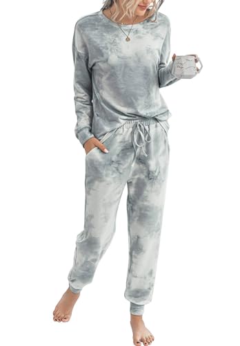 TSMNZMU Women's 2 Pack Women'S Pajama Set - Tie-Dye Long Sleeve Pullover Tops - 2 Piece Outfits Lounge Sets Gray