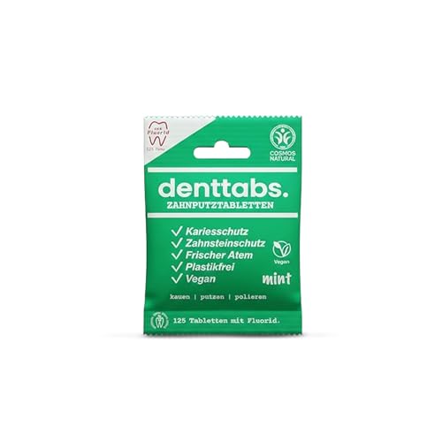 DENTTABS Zahnputztabletten 125 Stk | Mint mit Fluorid | 2-Monatsvorrat | vegan & plastikfrei | nachhaltige Alternative zur Zahnpasta