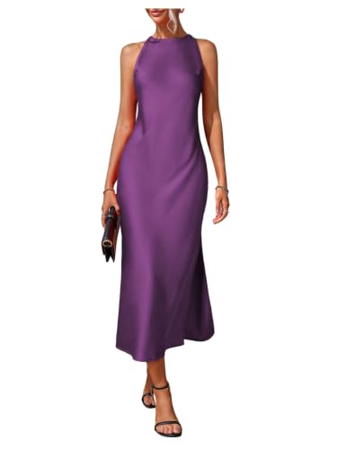 Image of Floerns Women's Elegant Crew Neck Maxi Slit Cocktail Tank Wedding Dress | Boat Neck, Side Slit, Long, Party, Cocktail, Formal, Rehearsal Dinner Guest Midi Dress